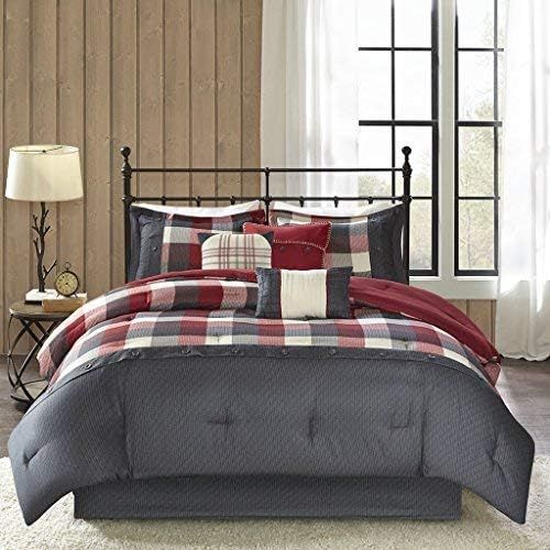  Madison Park Ridge Cal King Size Bed Comforter Set Bed in A Bag - Red, Plaid  7 Pieces Bedding Sets  Ultra Soft Microfiber Bedroom Comforters