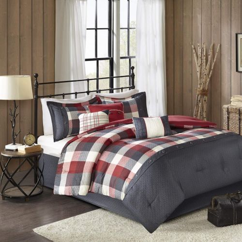  Madison Park Ridge Cal King Size Bed Comforter Set Bed in A Bag - Red, Plaid  7 Pieces Bedding Sets  Ultra Soft Microfiber Bedroom Comforters