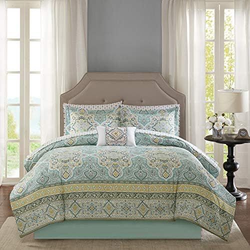  Madison Park Essentials Cara Cal King Size Bed Comforter Set Bed in A Bag - Aqua, Medallion Damask  9 Pieces Bedding Sets  Ultra Soft Microfiber Bedroom Comforters