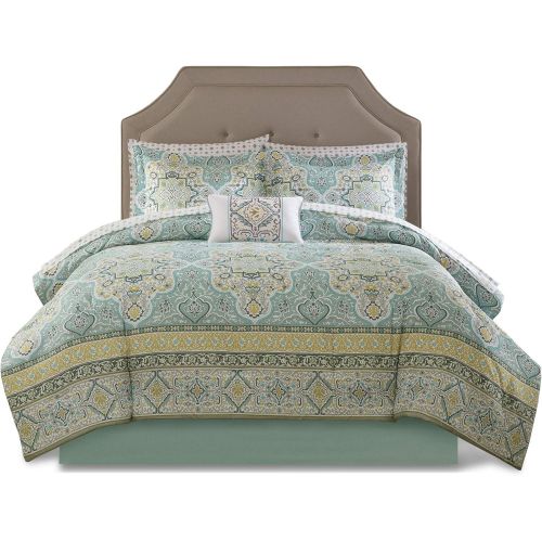  Madison Park Essentials Cara Cal King Size Bed Comforter Set Bed in A Bag - Aqua, Medallion Damask  9 Pieces Bedding Sets  Ultra Soft Microfiber Bedroom Comforters