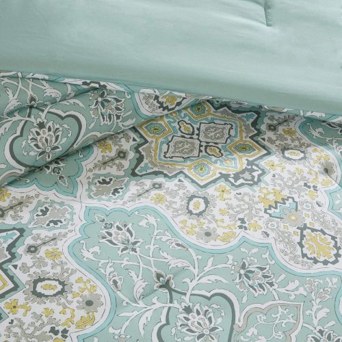  Madison Park Essentials Cara Cal King Size Bed Comforter Set Bed in A Bag - Aqua, Medallion Damask  9 Pieces Bedding Sets  Ultra Soft Microfiber Bedroom Comforters