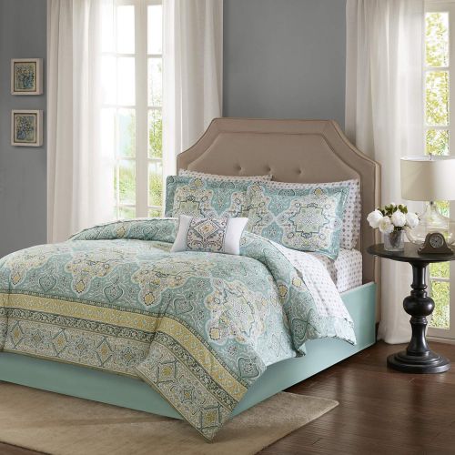  Madison Park Essentials Cara Cal King Size Bed Comforter Set Bed in A Bag - Aqua, Medallion Damask  9 Pieces Bedding Sets  Ultra Soft Microfiber Bedroom Comforters