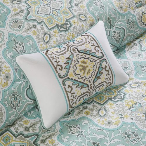  Madison Park Essentials Cara Cal King Size Bed Comforter Set Bed in A Bag - Aqua, Medallion Damask  9 Pieces Bedding Sets  Ultra Soft Microfiber Bedroom Comforters