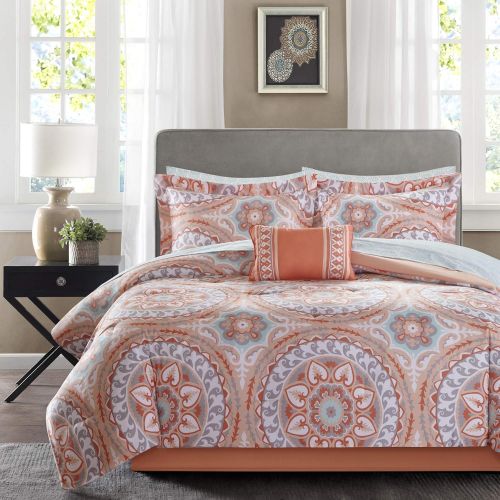  Madison Park Essentials Serenity Cal King Size Bed Comforter Set Bed in A Bag - Coral, Medallion  9 Pieces Bedding Sets  Ultra Soft Microfiber Bedroom Comforters