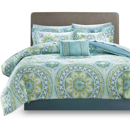  Madison Park Essentials Serenity Cal King Size Bed Comforter Set Bed in A Bag - Coral, Medallion  9 Pieces Bedding Sets  Ultra Soft Microfiber Bedroom Comforters