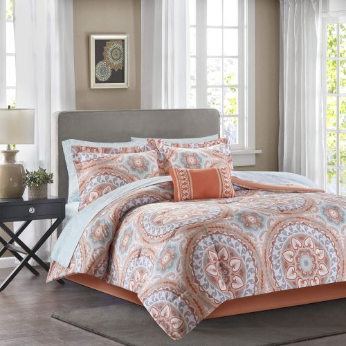  Madison Park Essentials Serenity Cal King Size Bed Comforter Set Bed in A Bag - Coral, Medallion  9 Pieces Bedding Sets  Ultra Soft Microfiber Bedroom Comforters