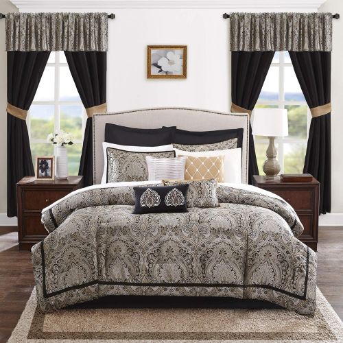  Madison Park Essentials Michelle Queen Size Bed Comforter Set Room in A Bag - Black Ivory, Damask  24 Pieces Bedding Sets  Ultra Soft Microfiber Bedroom Comforters