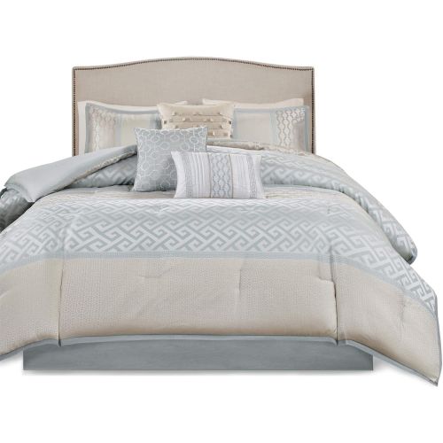  Madison Park Bennett Cal King Size Bed Comforter Set Bed in A Bag - Pale Aqua, Taupe, Jacquard Geometric  7 Pieces Bedding Sets  Faux Silk Bedroom Comforters