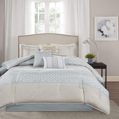  Madison Park Bennett Cal King Size Bed Comforter Set Bed in A Bag - Pale Aqua, Taupe, Jacquard Geometric  7 Pieces Bedding Sets  Faux Silk Bedroom Comforters