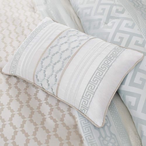  Madison Park Bennett Cal King Size Bed Comforter Set Bed in A Bag - Pale Aqua, Taupe, Jacquard Geometric  7 Pieces Bedding Sets  Faux Silk Bedroom Comforters