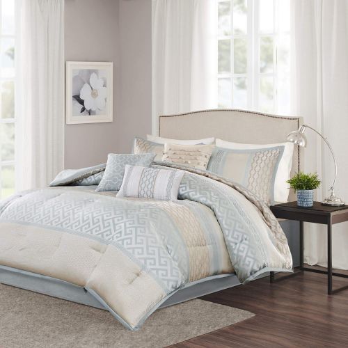  Madison Park Bennett Cal King Size Bed Comforter Set Bed in A Bag - Pale Aqua, Taupe, Jacquard Geometric  7 Pieces Bedding Sets  Faux Silk Bedroom Comforters