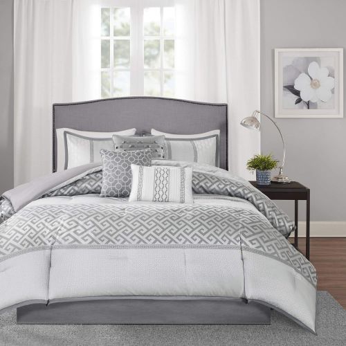  Madison Park Bennett Cal King Size Bed Comforter Set Bed in A Bag - Pale Aqua, Taupe, Jacquard Geometric  7 Pieces Bedding Sets  Faux Silk Bedroom Comforters