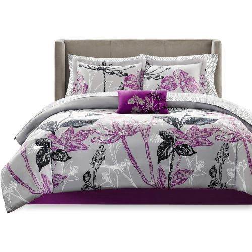  Madison Park Essentials Lafael Cal King Size Bed Comforter Set Bed in A Bag - Purple, Grey, Vine Leaf  9 Pieces Bedding Sets  Ultra Soft Microfiber with Cotton Sheets Bedroom Com