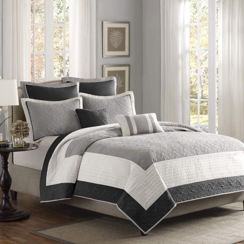  Madison Park Attingham FullQueen Size Quilt Bedding Set - Taupe, Beige, Patterned Colorblock  7 Piece Bedding Quilt Coverlets  Ultra Soft Microfiber Bed Quilts Quilted Coverlet