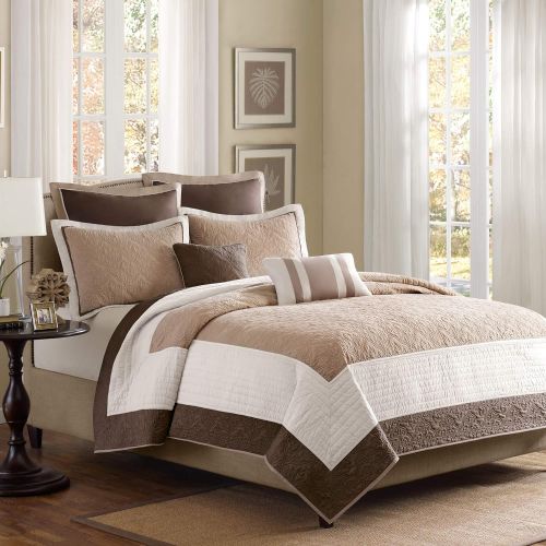  Madison Park Attingham FullQueen Size Quilt Bedding Set - Taupe, Beige, Patterned Colorblock  7 Piece Bedding Quilt Coverlets  Ultra Soft Microfiber Bed Quilts Quilted Coverlet