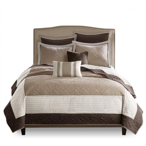  Madison Park Attingham FullQueen Size Quilt Bedding Set - Taupe, Beige, Patterned Colorblock  7 Piece Bedding Quilt Coverlets  Ultra Soft Microfiber Bed Quilts Quilted Coverlet