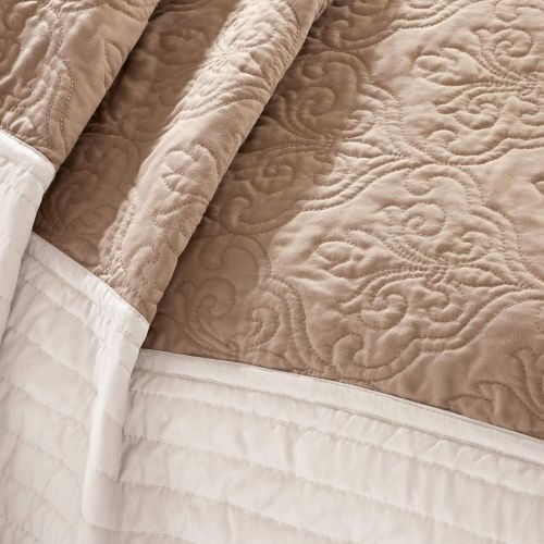  Madison Park Attingham FullQueen Size Quilt Bedding Set - Taupe, Beige, Patterned Colorblock  7 Piece Bedding Quilt Coverlets  Ultra Soft Microfiber Bed Quilts Quilted Coverlet