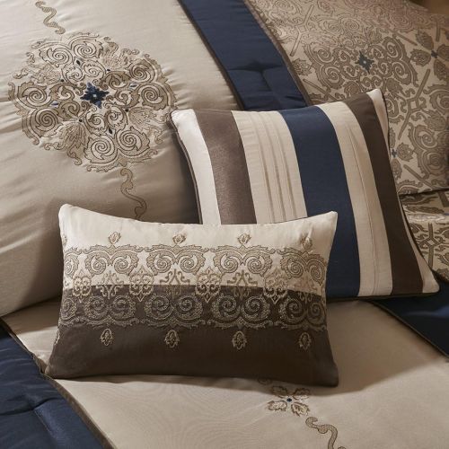  Madison Park Donovan Cal King Size Bed Comforter Set Bed in A Bag - Taupe, Navy, Jacquard Pattern  7 Pieces Bedding Sets  Ultra Soft Microfiber Bedroom Comforters