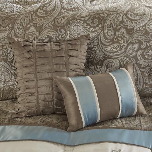  Madison Park Donovan Cal King Size Bed Comforter Set Bed in A Bag - Taupe, Navy, Jacquard Pattern  7 Pieces Bedding Sets  Ultra Soft Microfiber Bedroom Comforters