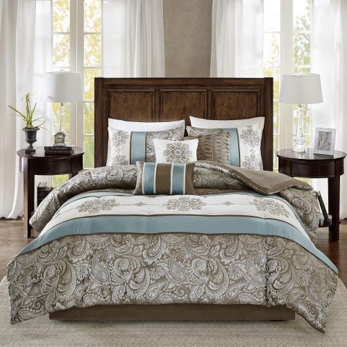  Madison Park Donovan Cal King Size Bed Comforter Set Bed in A Bag - Taupe, Navy, Jacquard Pattern  7 Pieces Bedding Sets  Ultra Soft Microfiber Bedroom Comforters