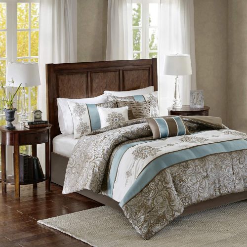  Madison Park Donovan Cal King Size Bed Comforter Set Bed in A Bag - Taupe, Navy, Jacquard Pattern  7 Pieces Bedding Sets  Ultra Soft Microfiber Bedroom Comforters