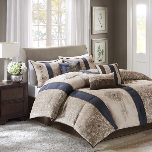  Madison Park Donovan Cal King Size Bed Comforter Set Bed in A Bag - Taupe, Navy, Jacquard Pattern  7 Pieces Bedding Sets  Ultra Soft Microfiber Bedroom Comforters