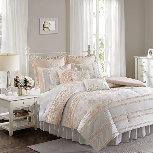  Madison Park Serendipity Queen Size Bed Comforter Set Bed in A Bag - Coral, Floral  9 Pieces Bedding Sets  100% Cotton Bedroom Comforters