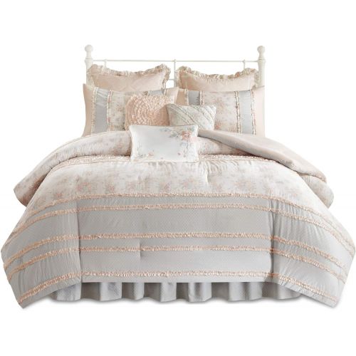  Madison Park Serendipity Queen Size Bed Comforter Set Bed in A Bag - Coral, Floral  9 Pieces Bedding Sets  100% Cotton Bedroom Comforters