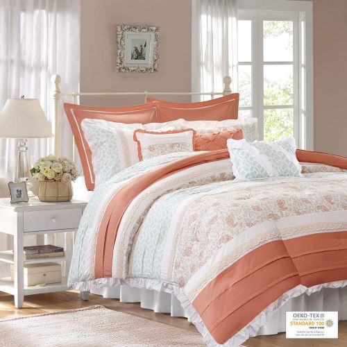  Madison Park Serendipity Queen Size Bed Comforter Set Bed in A Bag - Coral, Floral  9 Pieces Bedding Sets  100% Cotton Bedroom Comforters