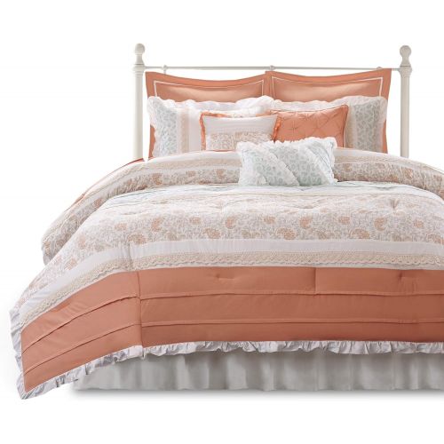  Madison Park Serendipity Queen Size Bed Comforter Set Bed in A Bag - Coral, Floral  9 Pieces Bedding Sets  100% Cotton Bedroom Comforters