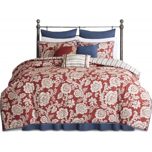  Madison Park Serendipity Queen Size Bed Comforter Set Bed in A Bag - Coral, Floral  9 Pieces Bedding Sets  100% Cotton Bedroom Comforters