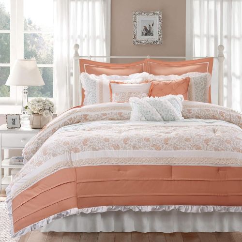  Madison Park Serendipity Queen Size Bed Comforter Set Bed in A Bag - Coral, Floral  9 Pieces Bedding Sets  100% Cotton Bedroom Comforters