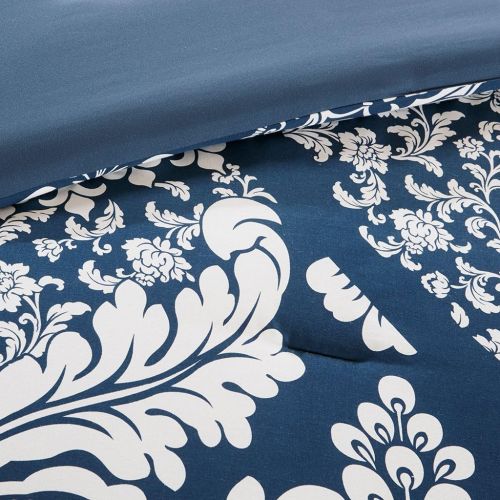  Madison Park Vienna Cal King Size Bed Comforter Set Bed in A Bag - Indigo Blue, Damask  7 Pieces Bedding Sets  Cotton Bedroom Comforters