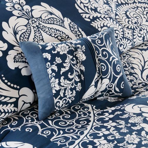  Madison Park Vienna Cal King Size Bed Comforter Set Bed in A Bag - Indigo Blue, Damask  7 Pieces Bedding Sets  Cotton Bedroom Comforters