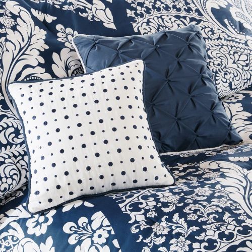  Madison Park Vienna Cal King Size Bed Comforter Set Bed in A Bag - Indigo Blue, Damask  7 Pieces Bedding Sets  Cotton Bedroom Comforters