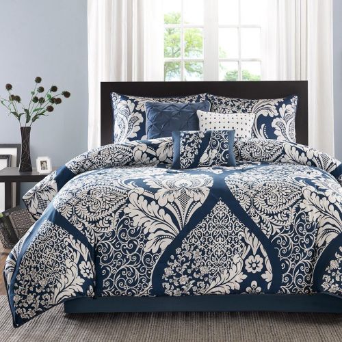  Madison Park Vienna Cal King Size Bed Comforter Set Bed in A Bag - Indigo Blue, Damask  7 Pieces Bedding Sets  Cotton Bedroom Comforters