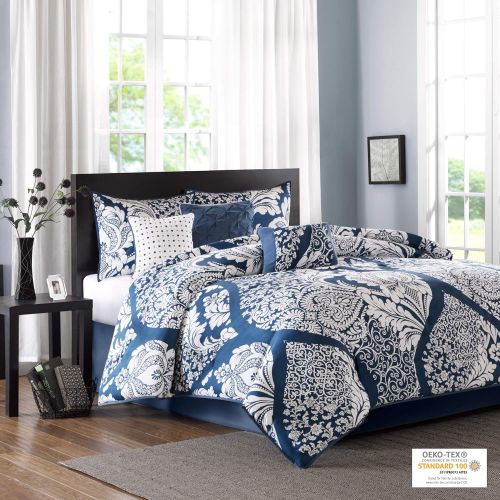  Madison Park Vienna Cal King Size Bed Comforter Set Bed in A Bag - Indigo Blue, Damask  7 Pieces Bedding Sets  Cotton Bedroom Comforters