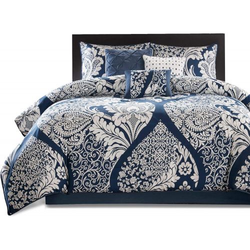  Madison Park Vienna Cal King Size Bed Comforter Set Bed in A Bag - Indigo Blue, Damask  7 Pieces Bedding Sets  Cotton Bedroom Comforters