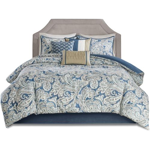  Madison Park Gabby Queen Size Bed Comforter Set Bed in A Bag - Blue, Paisley  7 Pieces Bedding Sets  100% Cotton Sateen Bedroom Comforters