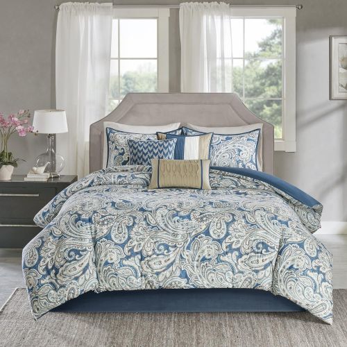  Madison Park Gabby Queen Size Bed Comforter Set Bed in A Bag - Blue, Paisley  7 Pieces Bedding Sets  100% Cotton Sateen Bedroom Comforters