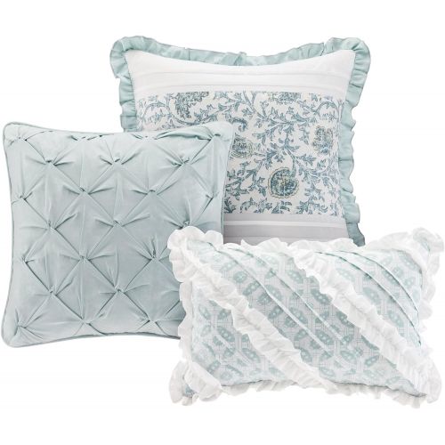  Madison Park Dawn Duvet Cover Cal King Size - Aqua , Floral Shabby Chic Duvet Cover Set  9 Piece  100% Cotton Percale Light Weight Bed Comforter Covers