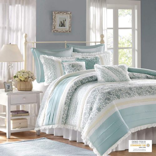  Madison Park Dawn Duvet Cover Cal King Size - Aqua , Floral Shabby Chic Duvet Cover Set  9 Piece  100% Cotton Percale Light Weight Bed Comforter Covers