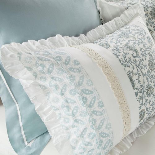  Madison Park Dawn Duvet Cover Cal King Size - Aqua , Floral Shabby Chic Duvet Cover Set  9 Piece  100% Cotton Percale Light Weight Bed Comforter Covers