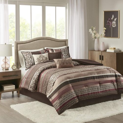  Madison Park Princeton King Size Bed Comforter Set Bed in A Bag - Crimson Red, Jacquard Patterned Striped  7 Pieces Bedding Sets  Ultra Soft Microfiber Bedroom Comforters