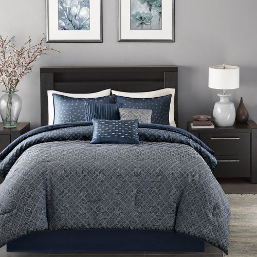  Madison Park Biloxi King Size Bed Comforter Set Bed in A Bag - Silver, Geometric  7 Pieces Bedding Sets  Ultra Soft Microfiber Bedroom Comforters
