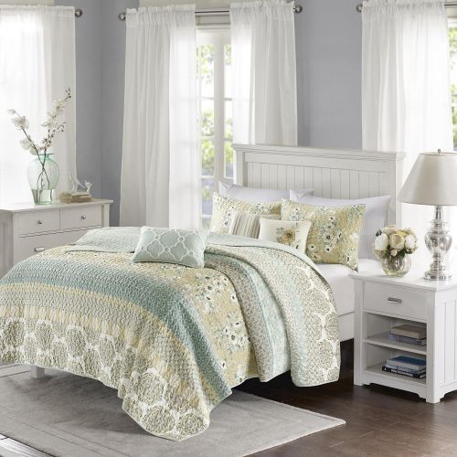  Madison Park MP13-2801 Dawn 6 Piece Cotton Percale Quilted Coverlet Set, Blue