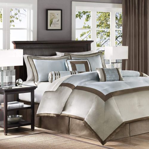  Madison Park Genevieve King Size Bed Comforter Set Bed In A Bag - Auqa, Taupe, Pieced  7 Pieces Bedding Sets  Faux Silk Bedroom Comforters