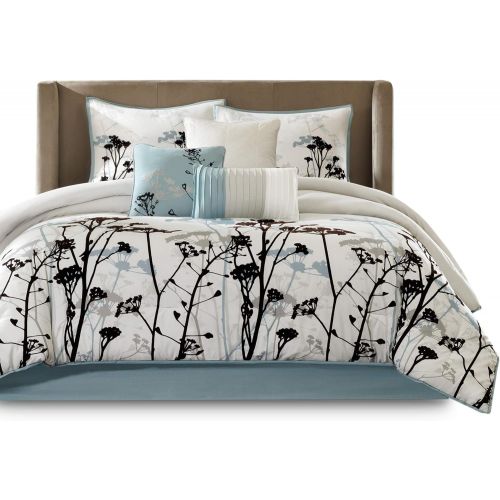  Madison Park Matilda King Size Bed Comforter Set Bed in A Bag - Blue, Ivory, Floral with 3D Velvet Flocking  7 Pieces Bedding Sets  Ultra Soft Microfiber Bedroom Comforters