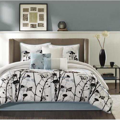  Madison Park Matilda King Size Bed Comforter Set Bed in A Bag - Blue, Ivory, Floral with 3D Velvet Flocking  7 Pieces Bedding Sets  Ultra Soft Microfiber Bedroom Comforters