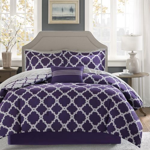  Madison Park Essentials Merritt King Size Bed Comforter Set Bed in A Bag - PurpleGrey, Geometric  9 Pieces Bedding Sets  Ultra Soft Microfiber Bedroom Comforters